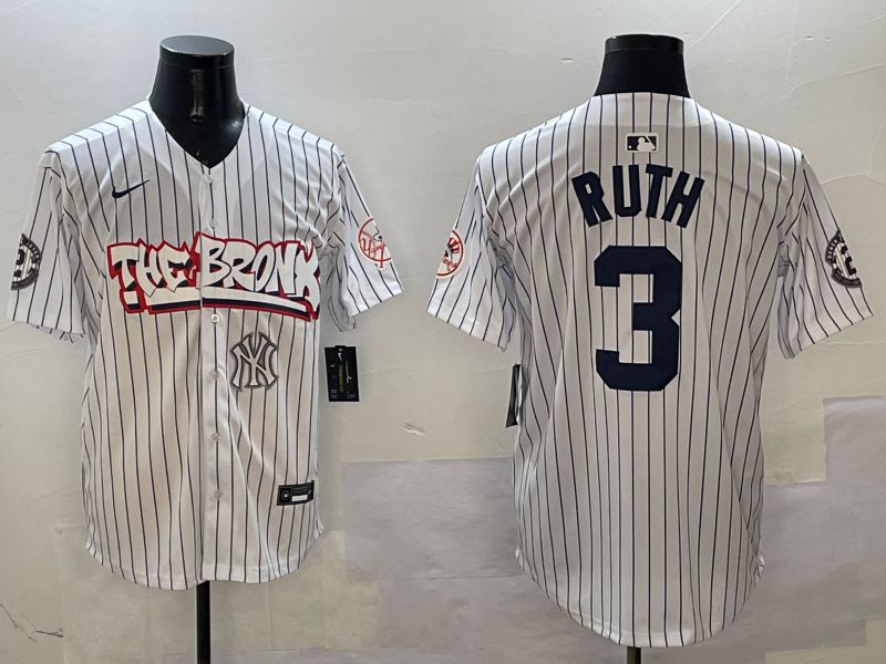 Men New York Yankees #3 Ruth White Stripe four generations Joint Name 2025 Nike MLB Jersey style 8->new york yankees->MLB Jersey